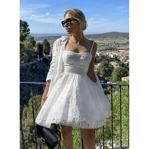 ZARA WHITE COTTON SHORT OPENWORK EMBROIDERED EYELET  PRAIRIE DRESS  sz XS